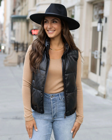 Grace & Lace | Faux Leather Puffer Vest - Black