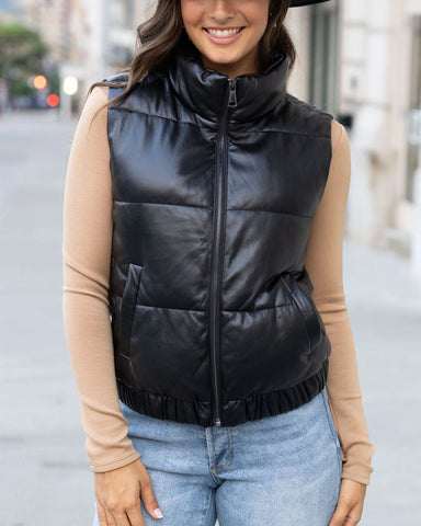 Grace & Lace | Faux Leather Puffer Vest - Black