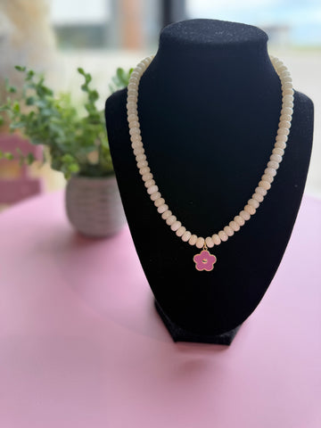 Cream Gemstone - Chunky Bead+Pink Flower Charm