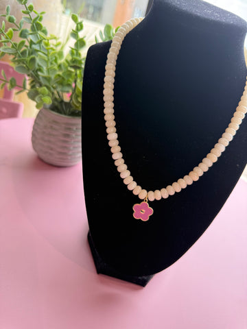 Cream Gemstone - Chunky Bead+Pink Flower Charm