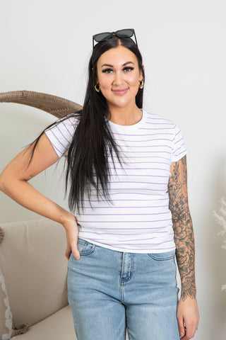 ~ Brunette ~ Basic Ribbed Tee - Lavender Stripe