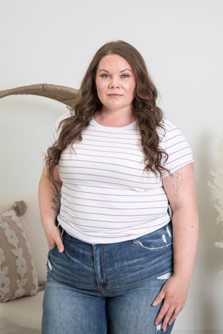 ~ Brunette ~ Basic Ribbed Tee - Lavender Stripe